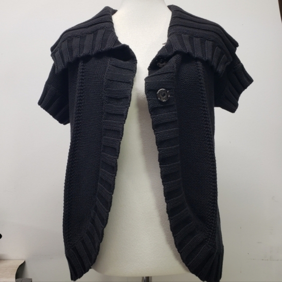 Kenneth Cole Reaction Black Ribbed Knit Short Sleeve Cardigan Sweater Size S Y2K - Picture 13 of 13
